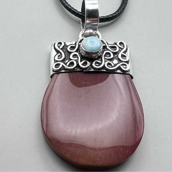 New Mookaite with Larimar Accent Stone Silver Overlay Cap Pendant Necklace Cord - Picture 4 of 5